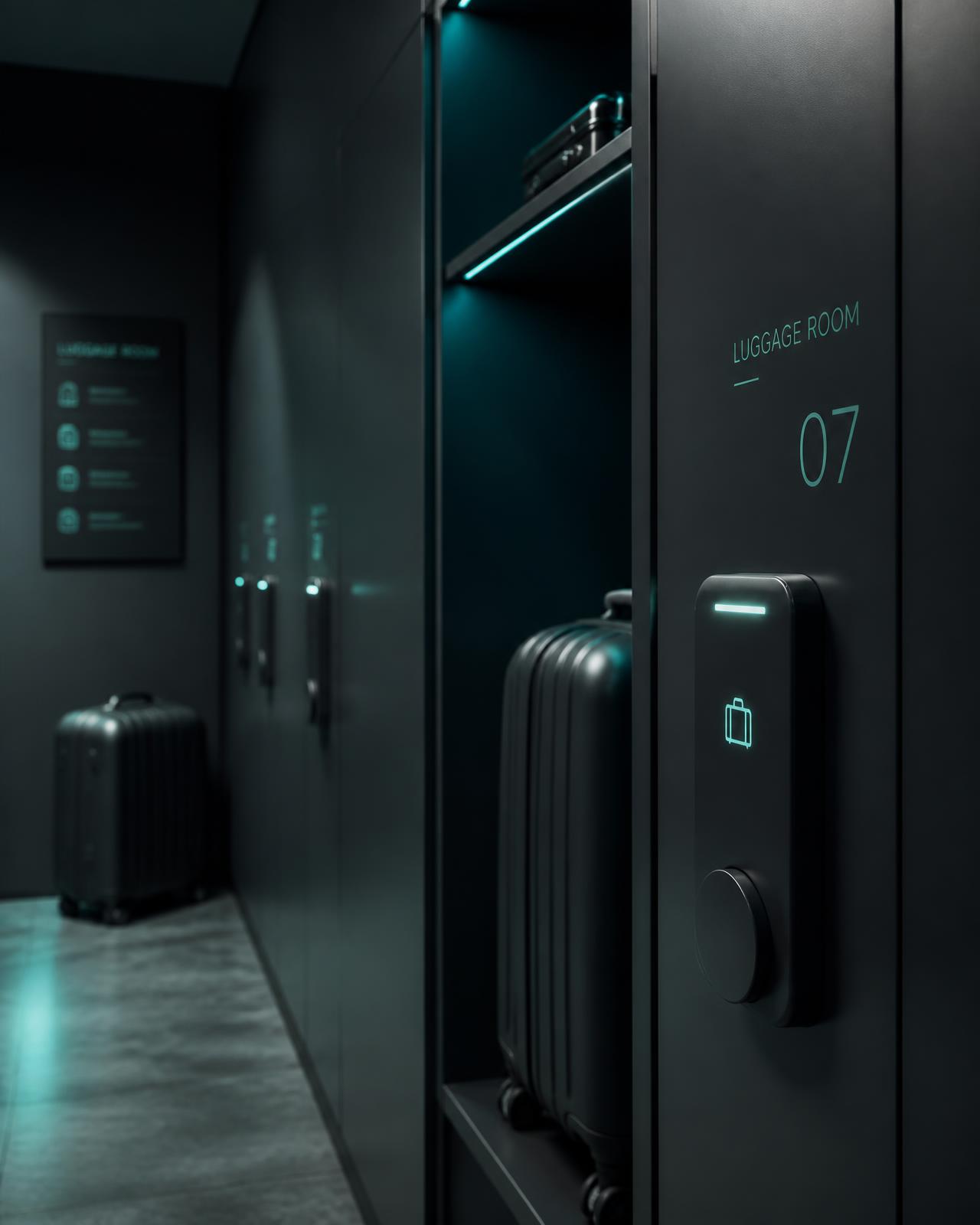Hotel luggage room fitted with matte black smart access locks and stored suitcases